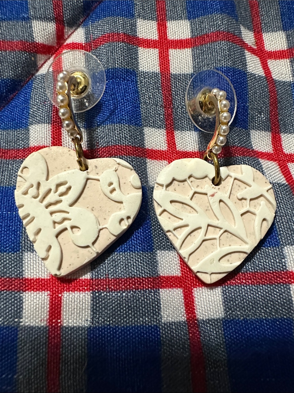 Ivory and Light Pink Handmade Clay Heart Drop Earrings with Pearl-Accented Hooks